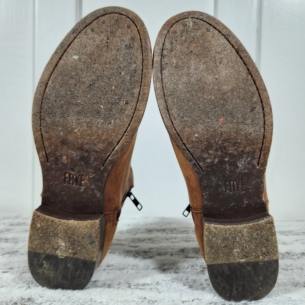 FRYE "Carly Chelsea" Cognac Double Zip Leather Ankle Bootie | Women's Size 6B - Picture 8 of 13